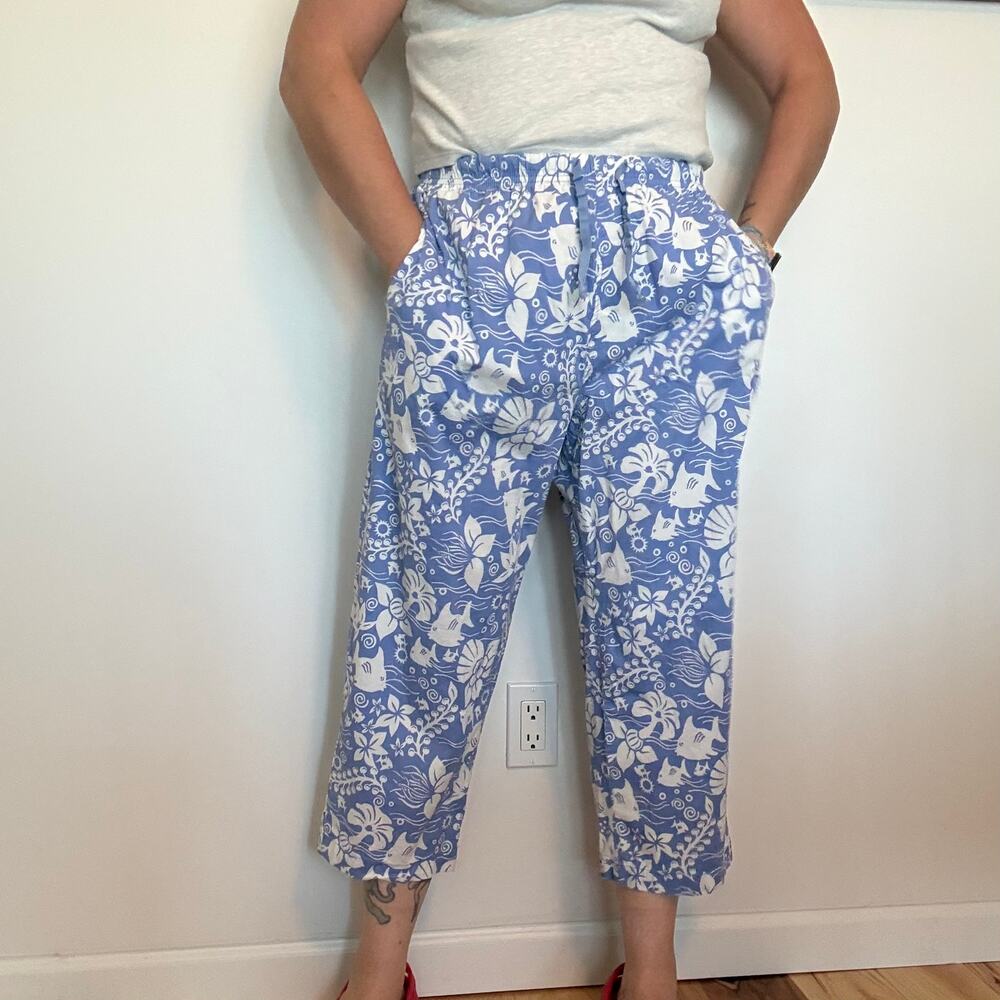 Sun Moda Blue cropped fish print pants XL